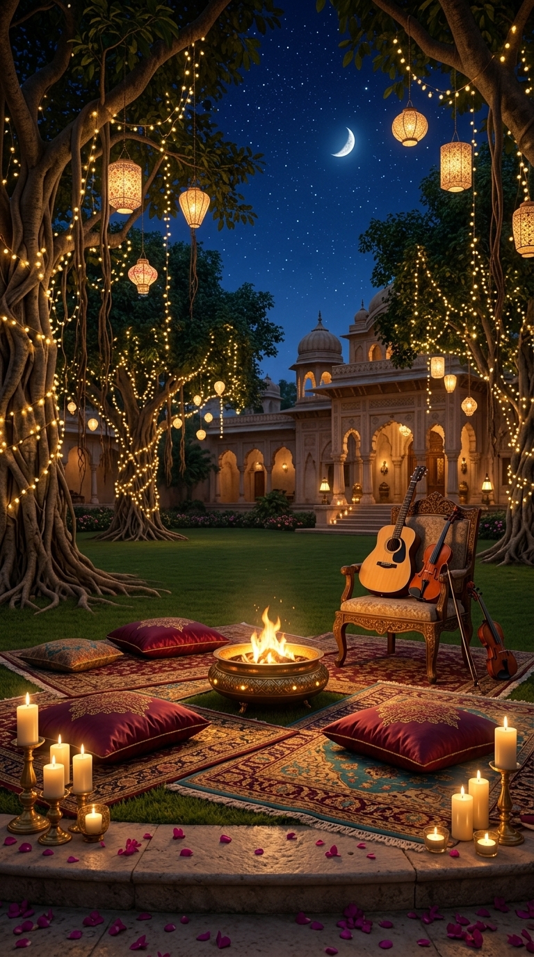Intimate acoustic night garden with fire bowl, rugs and fairy lights