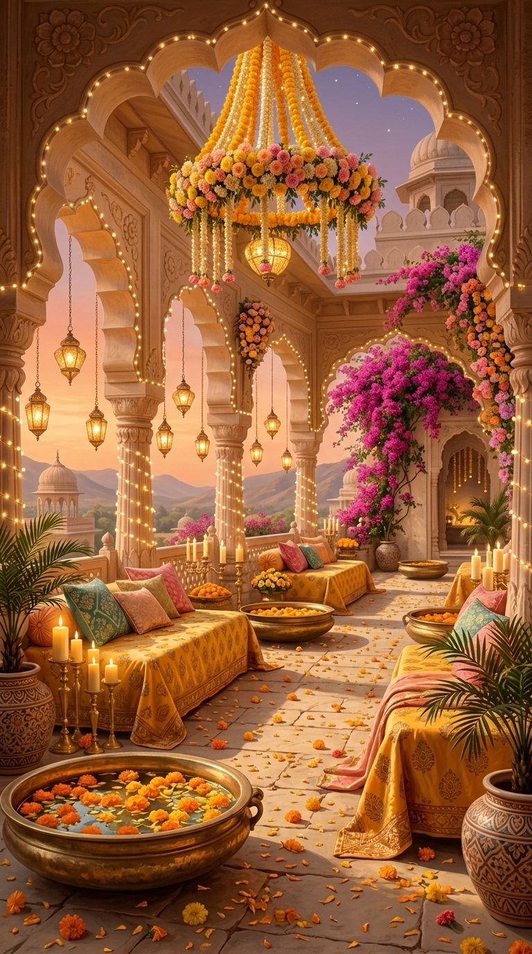 Palace terrace lit with candles and fairy lights at twilight